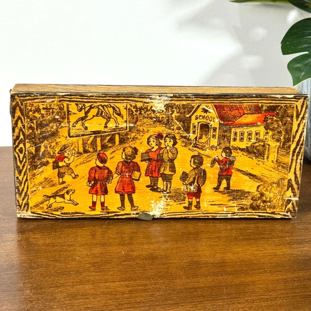 Vintage American Pencil Co No. 1232 Wood Pencil Box Schoolhouse Children Sliding